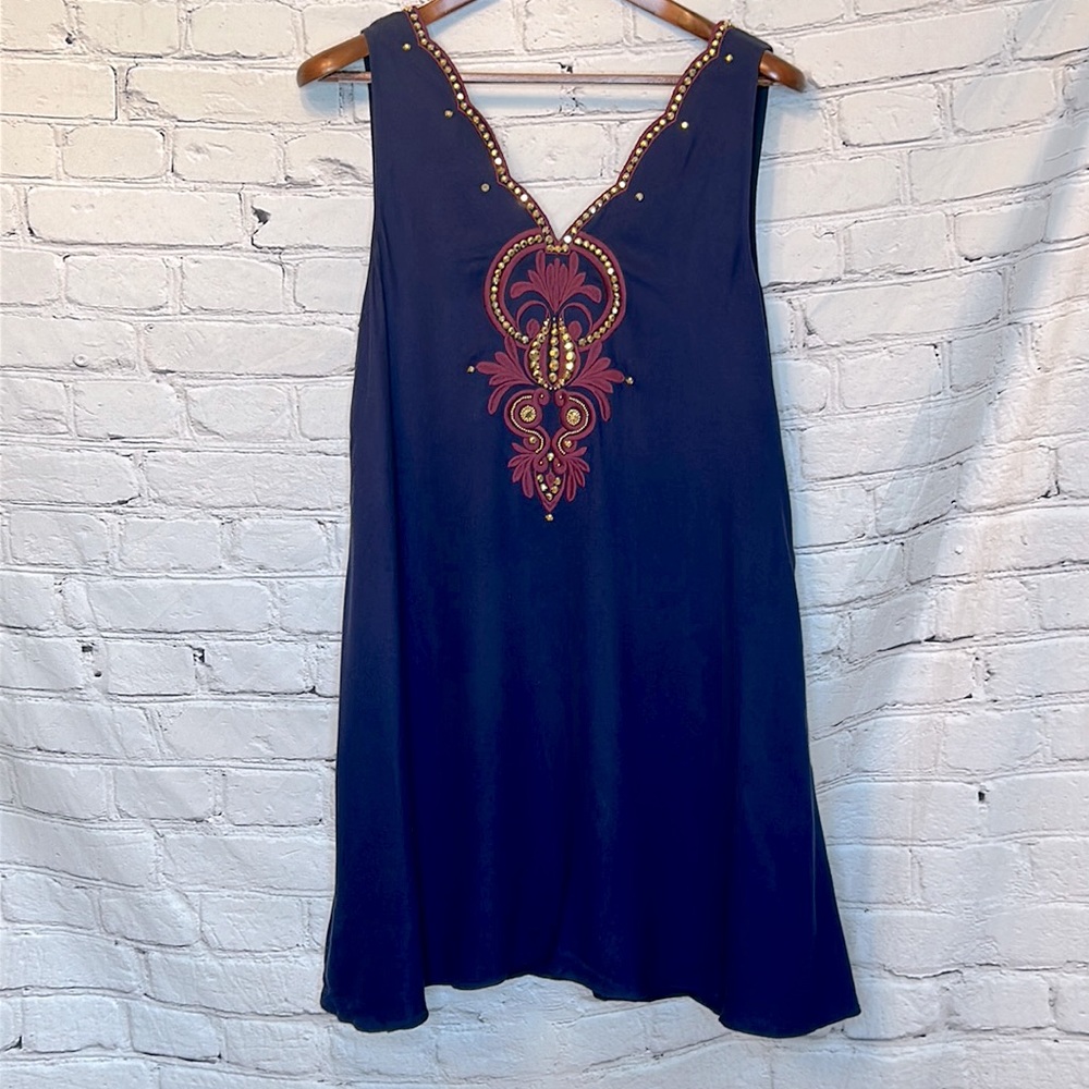 Lilly Pulitzer Navy Blue Burgundy Embroidered Gold Stud Sleeveless Dress Medium